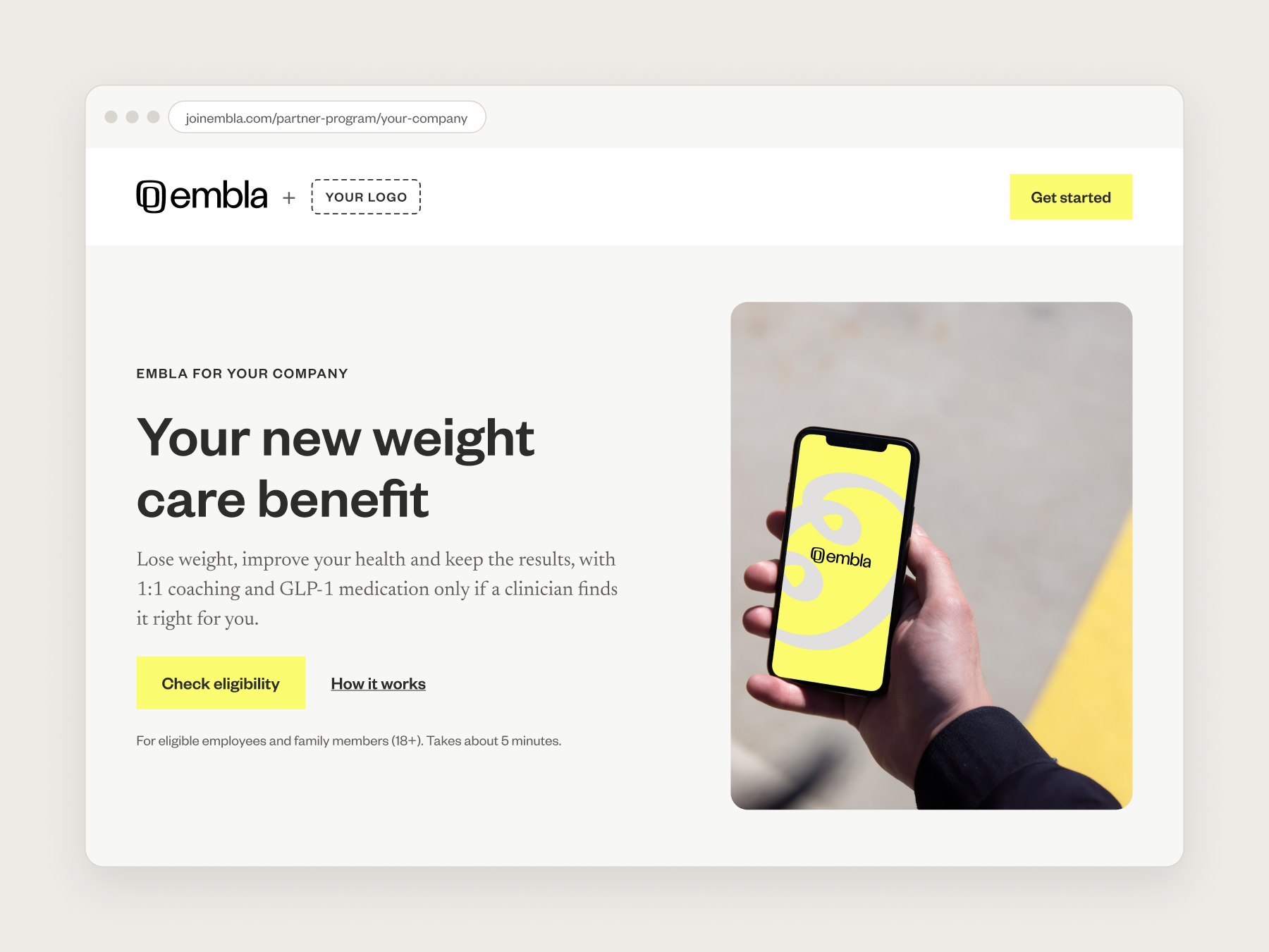 Example co-branded Embla enrollment landing page for an employer