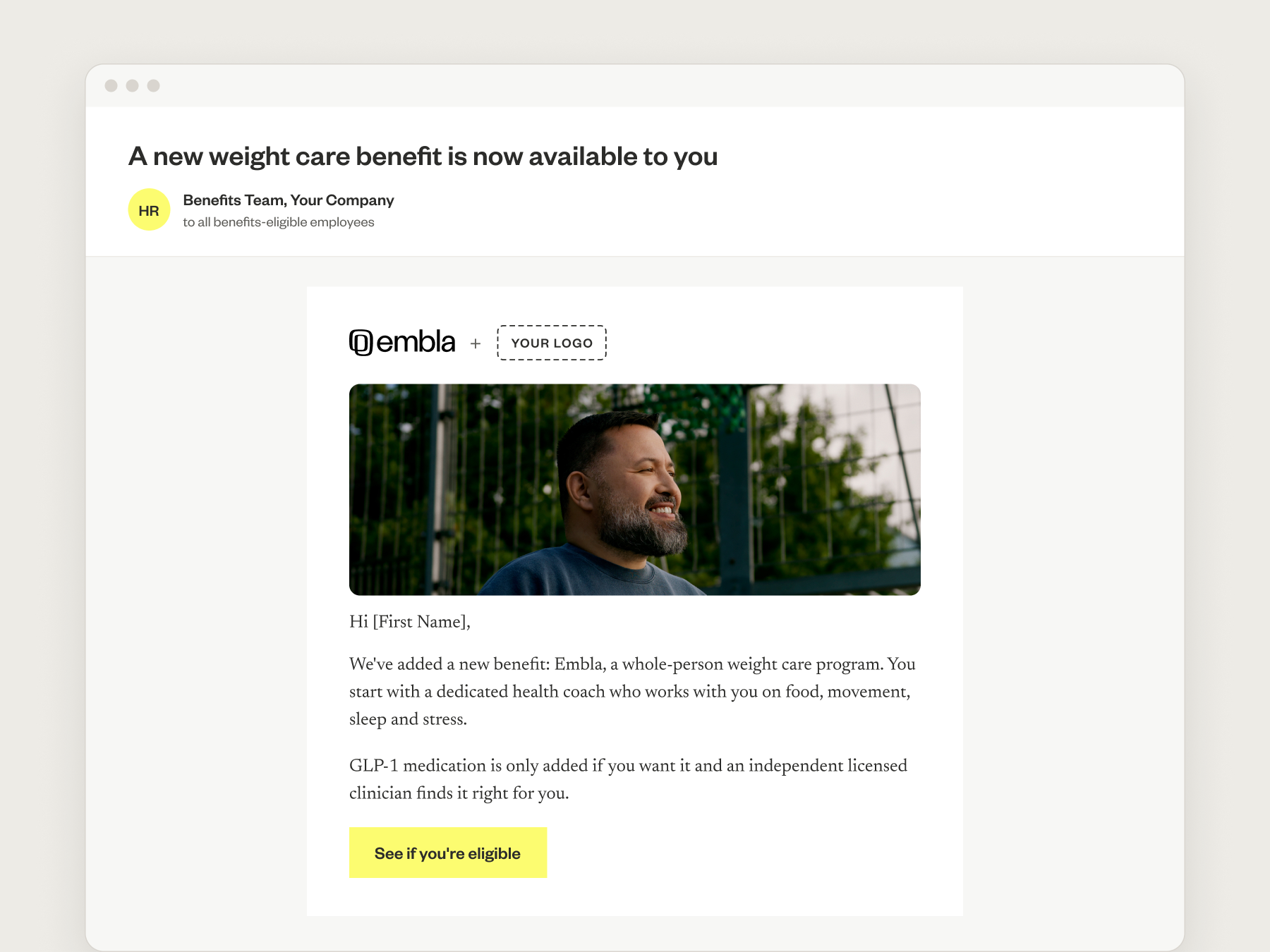 Example launch email from the employer's benefits team announcing Embla