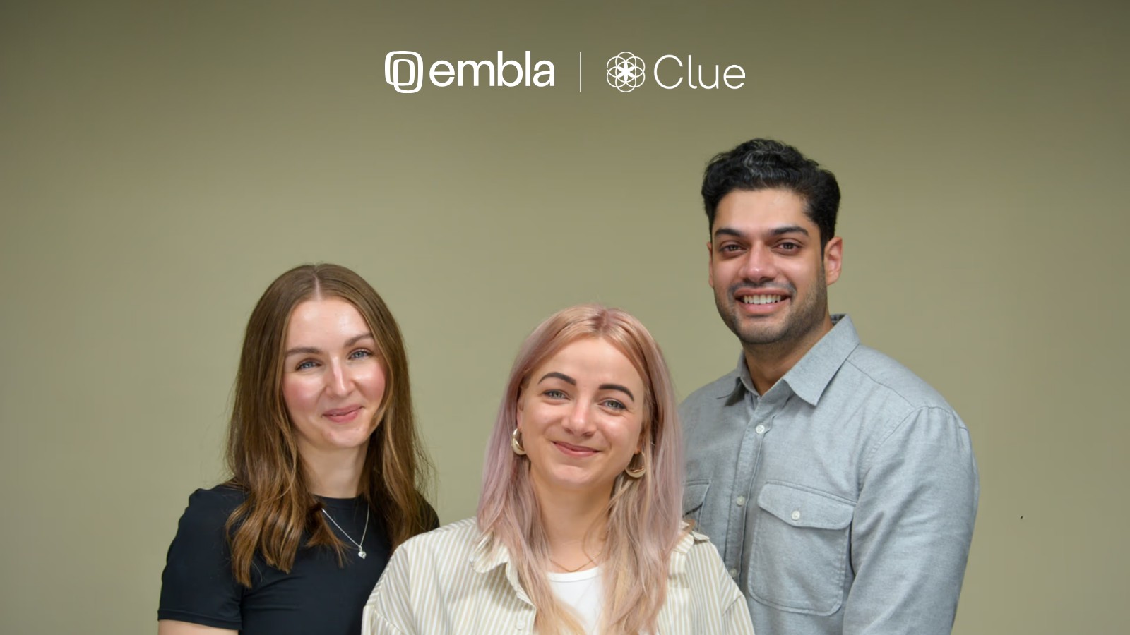 Three members of Embla's clinical team with the Embla and Clue logos